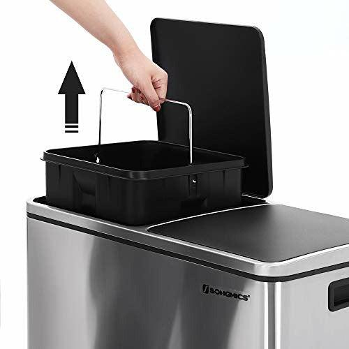 SONGMICS Dual Rubbish Bin, 2 x 30L Recycling Bin and 15 Rubbish Bags, Metal Pedal Bin, with Dual Compartments, Plastic Inner Buckets, Hinged Lids, Soft Closure, Airtight, Silver and Black LTB60NL 3
