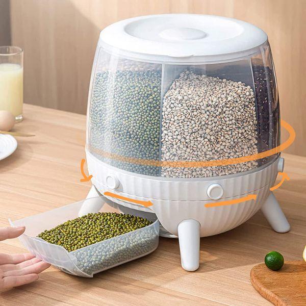 MYOYAY 10L Rotating Grain Dispenser,6in1 Grain Dispenser Container Rotating,10kg/22lb Large Capacity 6-Grid Rotating Rice Storage Box,Food Dispenser With Measure Cup For Grain Storage Container 0