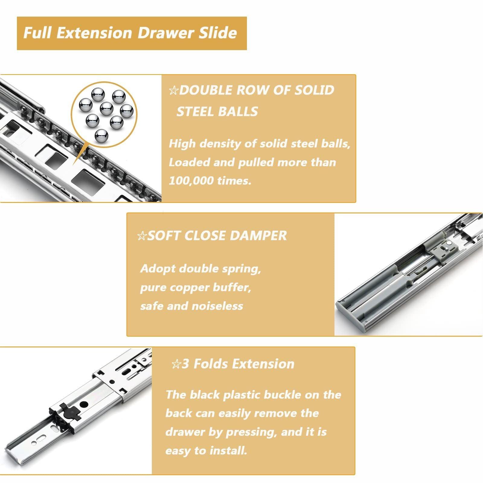 Furniware Soft Close Ball Bearing Drawer Runners, Full Extension 20 inch (500mm), 3 Folds Extension, Side Mount, Heavy Duty 45kg(100lb) Load Capacity,Silver Metal, 1 Pair (2 Pack) 3