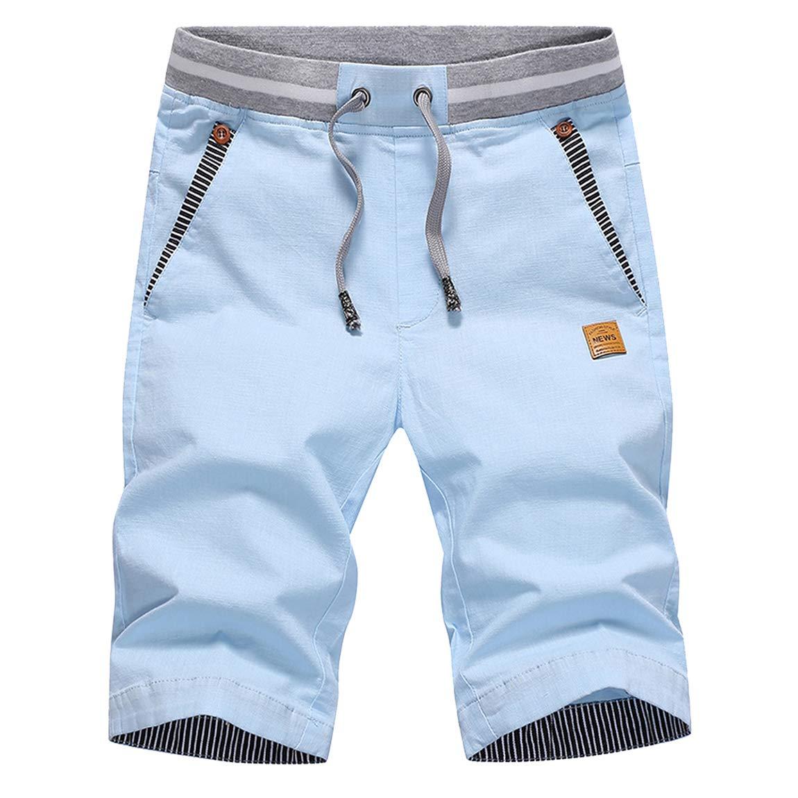 ZOXOZ Mens Shorts Summer Casual Shorts Cotton with Pockets Elastic Waist Drawstring Sky Blue L