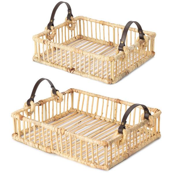 Navaris Basket Trays with Handles (Set of 2) - Willow Tray Set with PU Leather Handles - Includes Large Tray 37x31x8.5 cm and Small Tray 32x26x8.5 cm 0