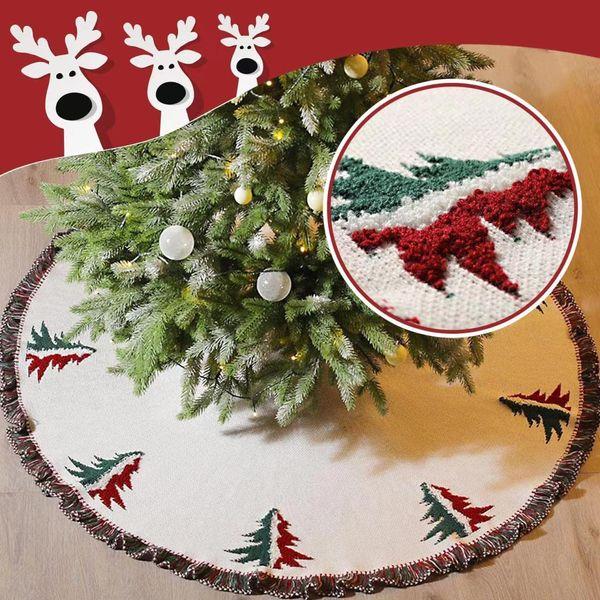 Dremisland Large Christmas Tree Skirt, 48 inches Heavy Yarn Base Cover 3D Knitted Xmas Tree Pattern with Tricolor Tassel Crochet White Tree Skirt Mat for Home Party Holiday Decoration 3