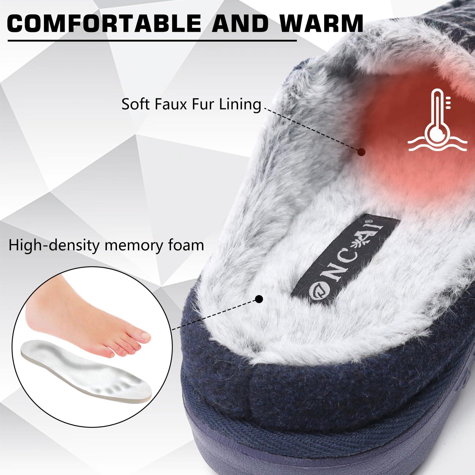 ONCAI Mens House Slippers with Arch Support,Wool and Cotton-Blend High-Density Memory Foam Clogs Felt Slippers with Orthotic Plantar Fasciitis Indoor Outdoor Rubber Soles Plaid Blue Size 7 3