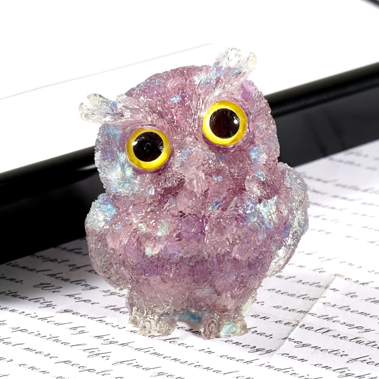 Soulnioi Gemstone Moon Necklace Antique Silver Plated Crystal Necklace Pendant, Crystal Owl Statue Ornament Resin Chip Stones Figurine for Home Office Decor (Amethyst) 4