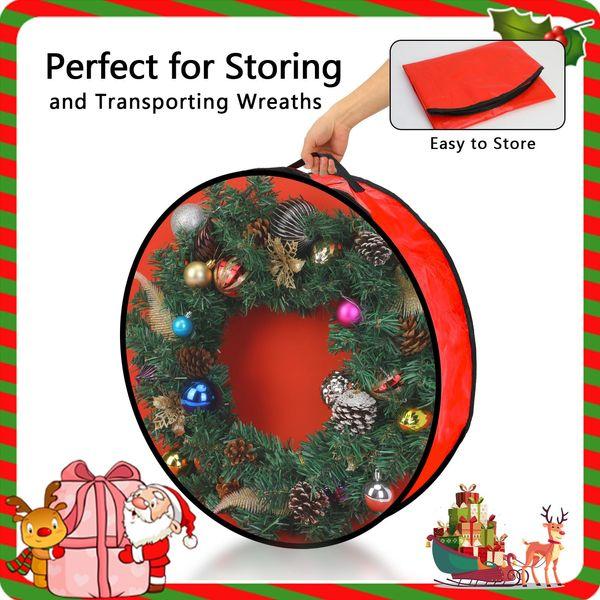 Pwsap 2 Pack Christmas Wreath Storage Container - 30 Inch, Garland Storage, Christmas Large Wreath Storage Container Cover, Durable Tarp Material, Dual Zipper Storage Bag for Xmas Holiday, Red 4