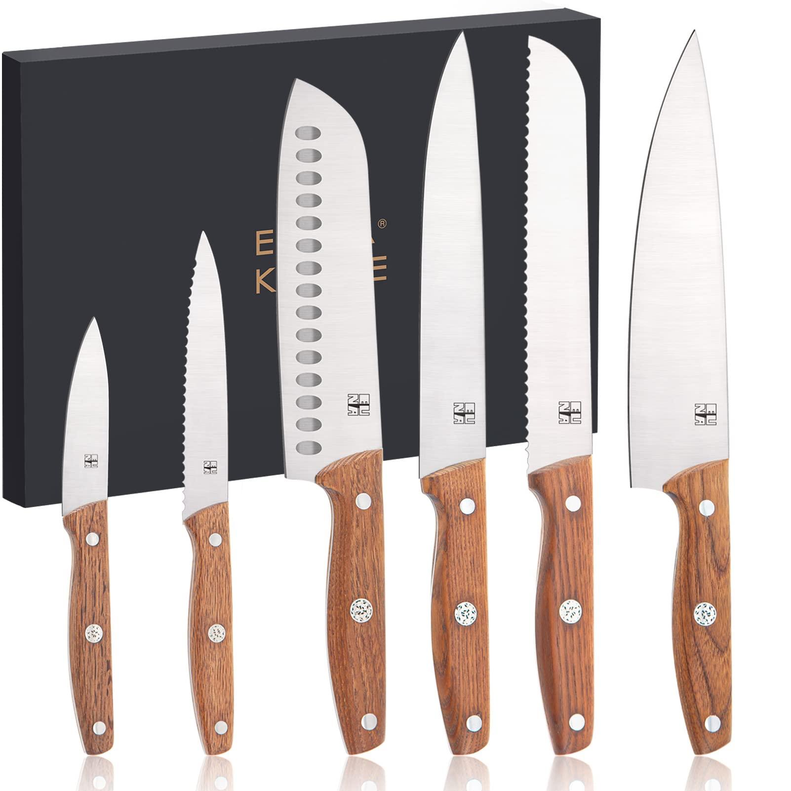 Kitchen Knife Set 6 PCS, 7CR High Carbon Steel Ultra Sharp Chef's Knife Superb Edge Retention, Premium Ash Wood Ergonomic Handle Accurate to The Touch, with Gift Box