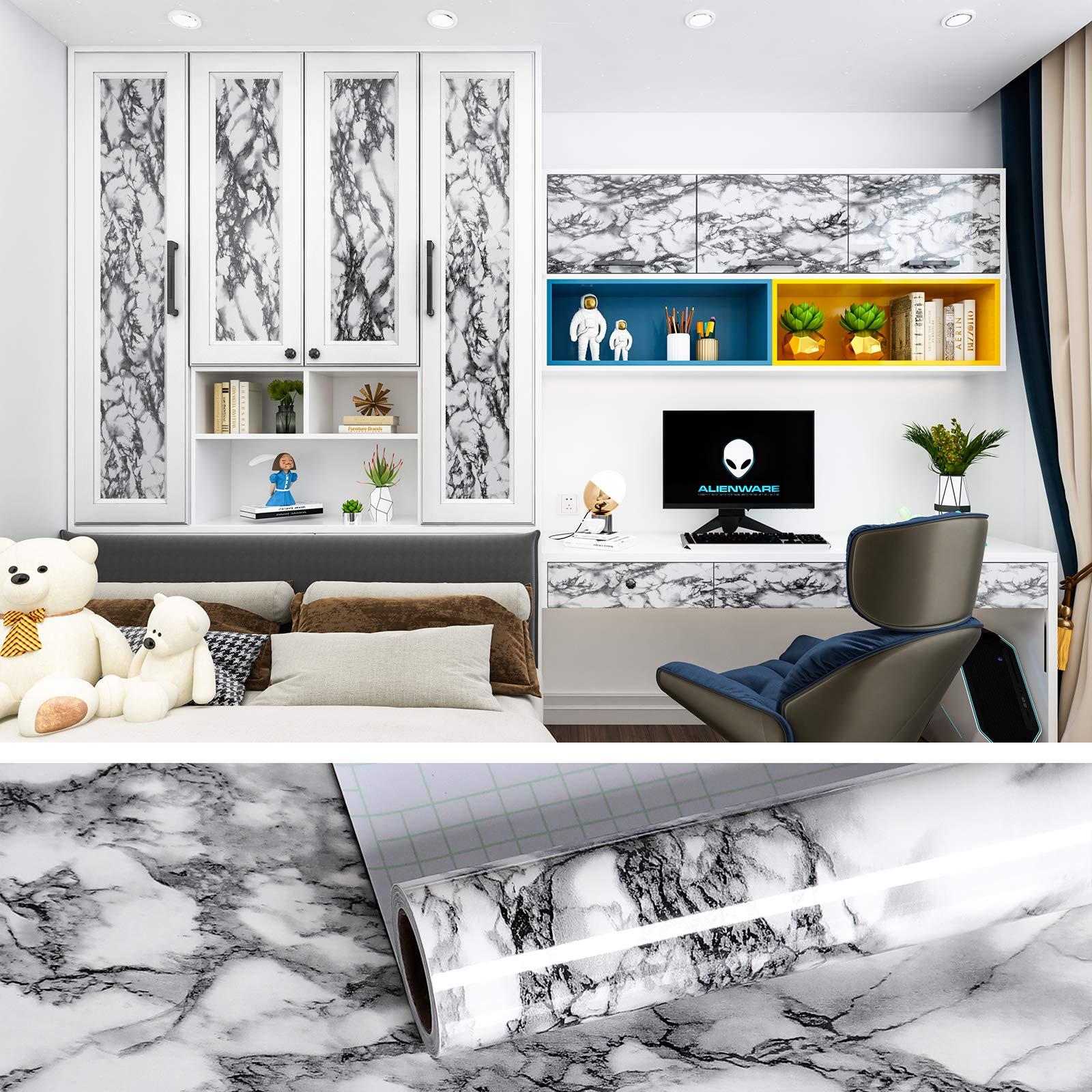 VEELIKE Marble Sticky Back Plastic Roll Worktop Vinyl Covering Self Adhesive Wallpaper White and Grey Wallpaper Removable Wallpaper Contact Paper Bedroom Wallpaper 60cm x 900cm