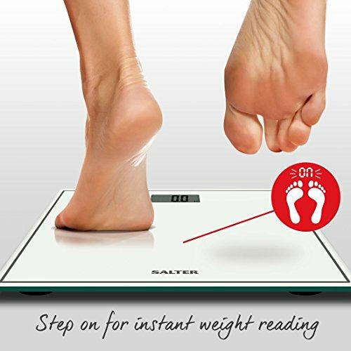 Salter Compact Digital Bathroom Scales - Toughened Glass, Measure Body Weight Metric / Imperial, Easy to Read Digital Display, Instant Precise Reading w/ Step-On Feature - White 3