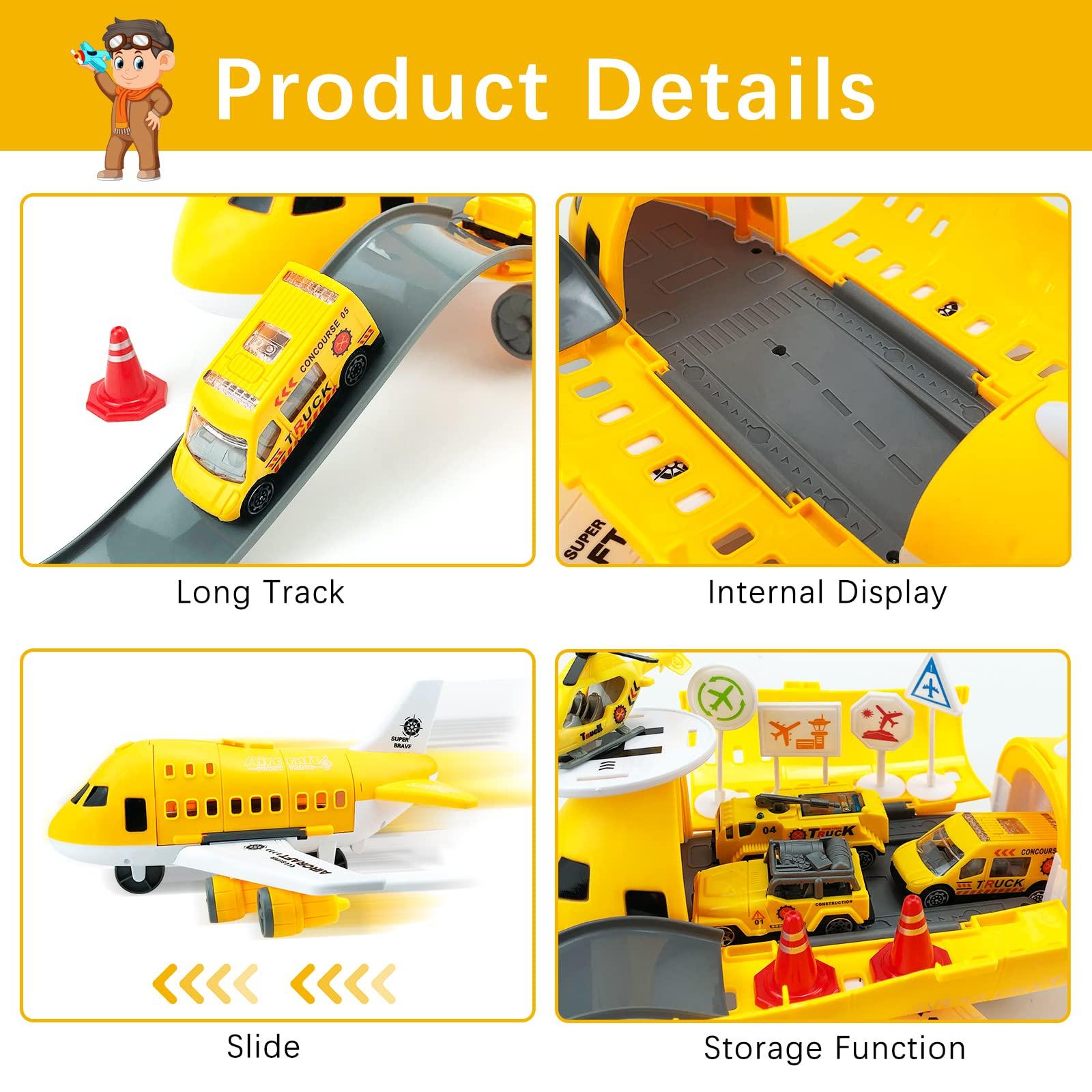 Ynybusi Plane Toy Transport Cargo Airplane Toys for 2 3 4 5 6 Year Old Boys Girls,Kids Aircraft Playsets with 1 Helicopter & 3 Construction Cars & 6 Road Signs 3