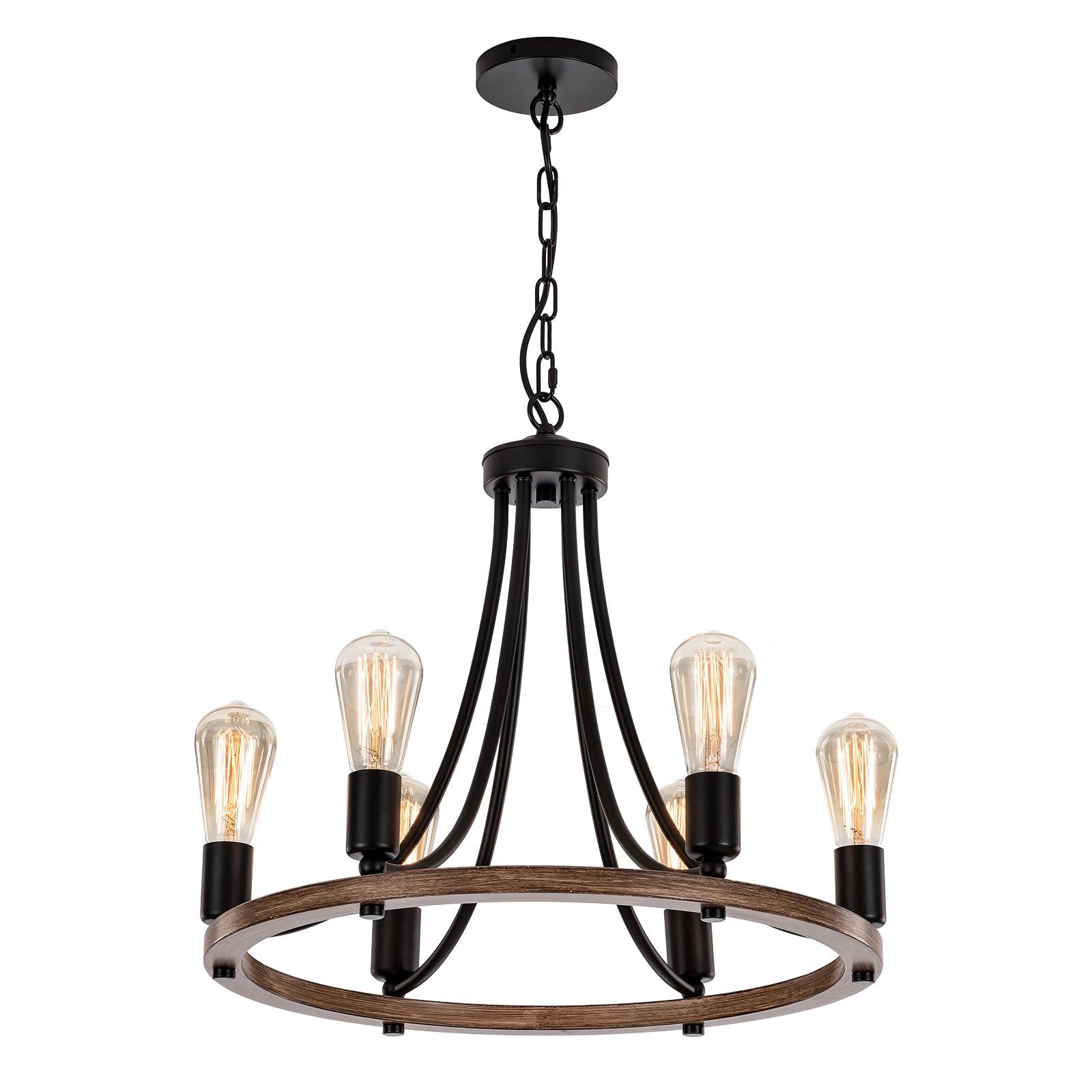 Black Chandelier Ceiling Lights Living Room, Vintage Wagon Wheel Chandelier Pendant Lighting Ceiling Light, Adjustable Height Round Chandelier Lights for Living Room Kitchen Dining Room (6202302-6)