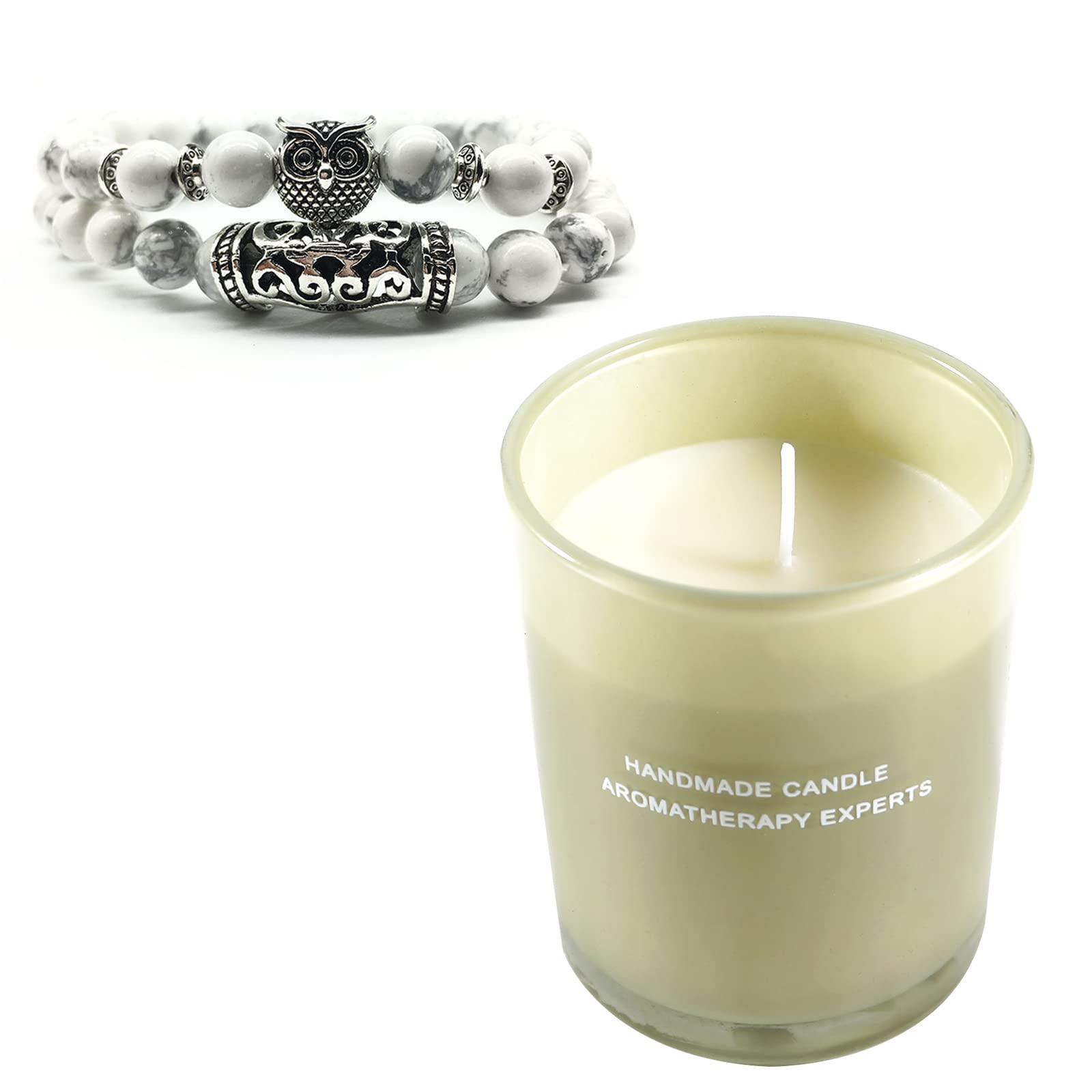 Soulnioi Scented Candle Soy Candle Aromatherapy Candle with 35 Hours Burn Time for Home Fragrance Stress Relief (Cheeses and Strawberries Scent), 2pc White Turquoise Stone Round Bead Bracelet
