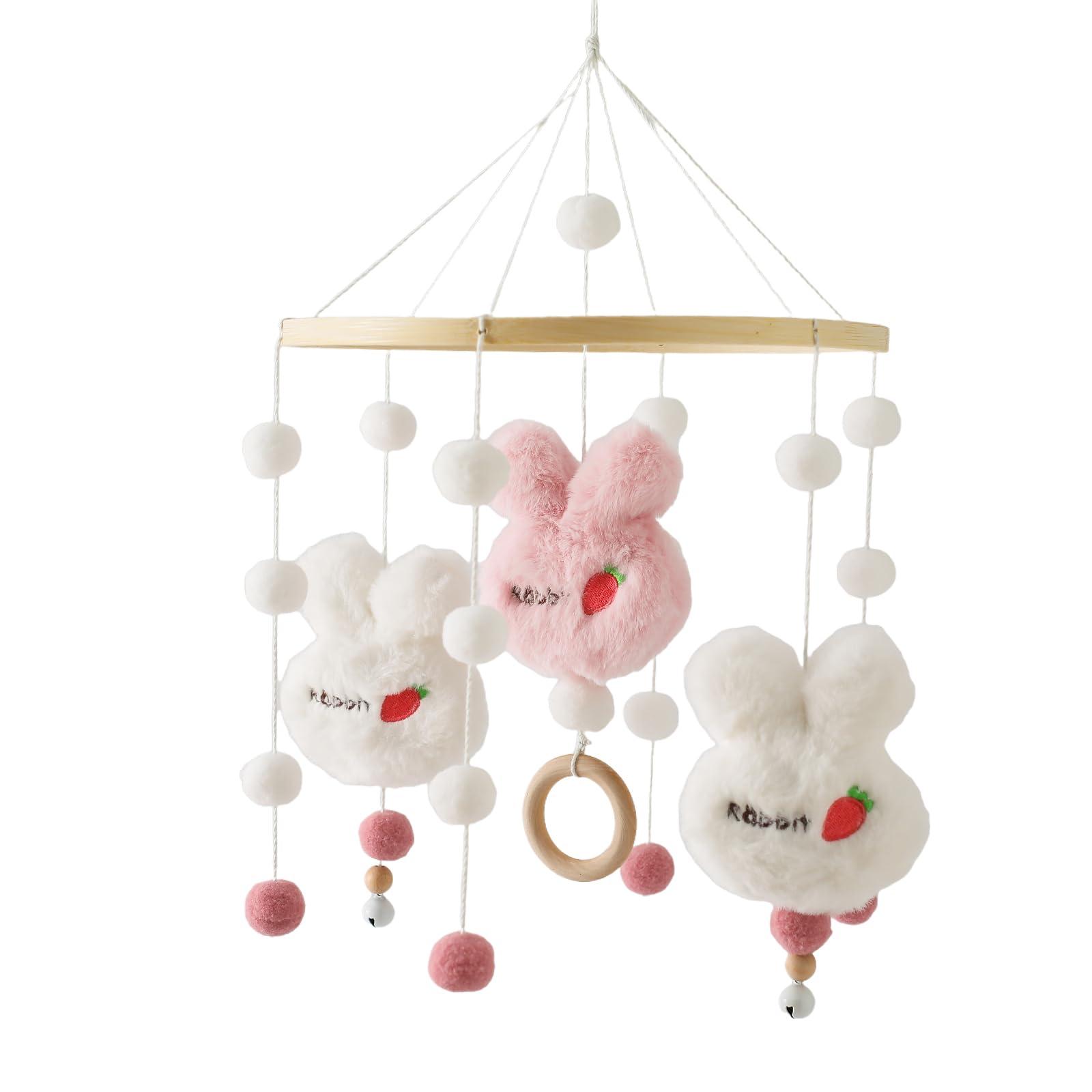 Promise Babe Baby Rabbit Mobile for Baby Cot,Wood Cute Animal Felt Baby Mobiles Ball Bunny Cot Mobiles Nursery Wood Crochet Mobiles Newborn Boy Girl Bed Bell Hanging Deco Nursery Mobiles for Babies 0