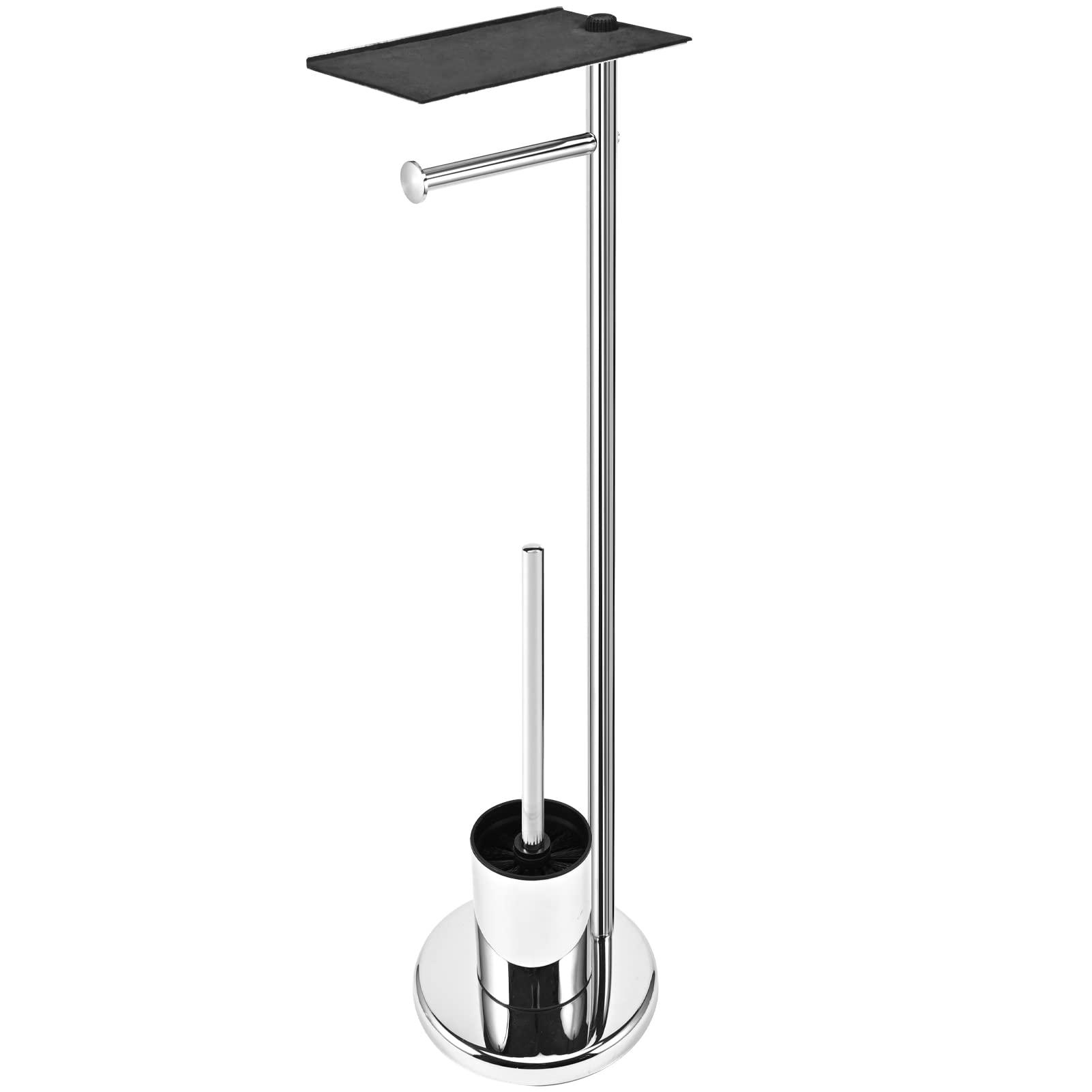 Toilet roll holder free standing Chromed with Heavy Floor,toilet brush,Two-in-one Toilet Paper Holder with Spacious Shelf for Kitchen and Bathroom,Stainless Steel Chromed