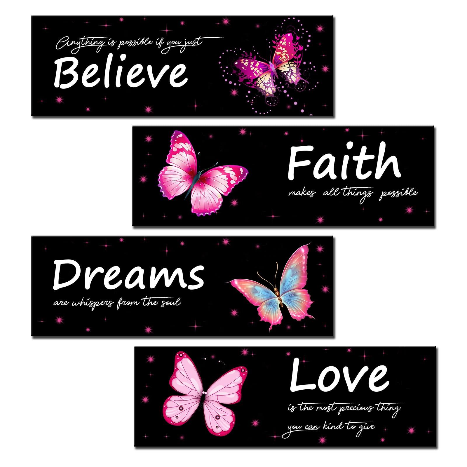 4 Pieces Butterfly Wall Decor Love Faith Believe Dreams Wall Art Wooden Inspirational Quote Hanging Signs Rustic Pink Stars Wall Plaque for Home Bathroom Living Room Decorations 12x4 inches 0