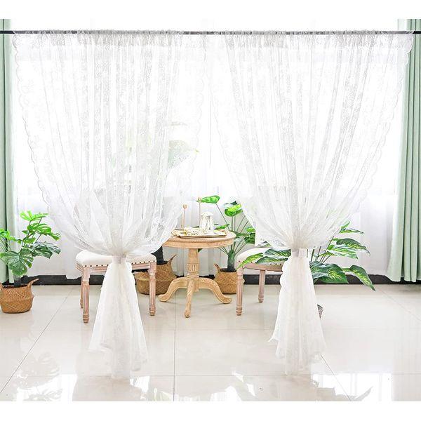 Aspthoyu White Net Curtains 2 Pcs Patterned Voile Curtains Lace Curtain for Windows, Curtain Panels with 2 Ties for Decorate Home Garden Party Wedding, W150cm x H180cm
