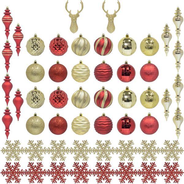 KI Store 54pcs Red and Gold Christmas Tree Decorations Set 80mm Christmas Baubles 150mm Snowflakes Finials Ornaments for Xmas Tree Decor