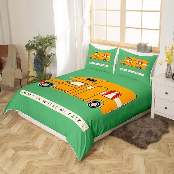 Homewish Cartoon Rv Car Comforter Cover 2 Piece Toy Car Print Duvet Cover For Boys Girls Kids Happy Rv Camping Bedding Set Single,Motorhome Accessories For Inside Yellow Green Bedding,Breathable 1