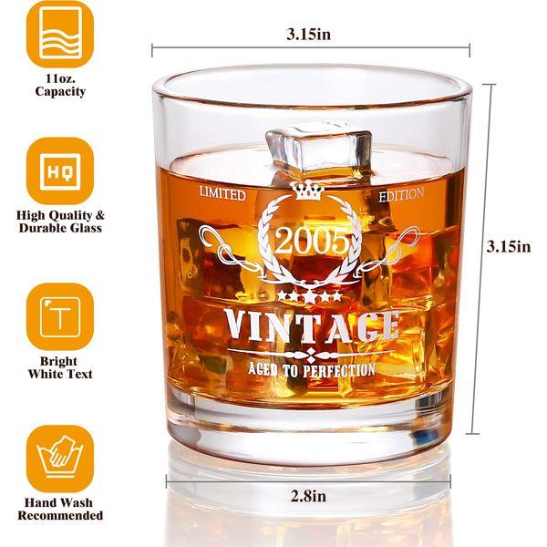 18th Birthday Gifts for Boys, Vintage 2005 Whiskey Glass Set - 18th Birthday Decorations - 18 Years Anniversary, Bday Gifts Ideas for Him, BoyFriend, Friends - Wood Box & Whiskey Stones & Coaster 3