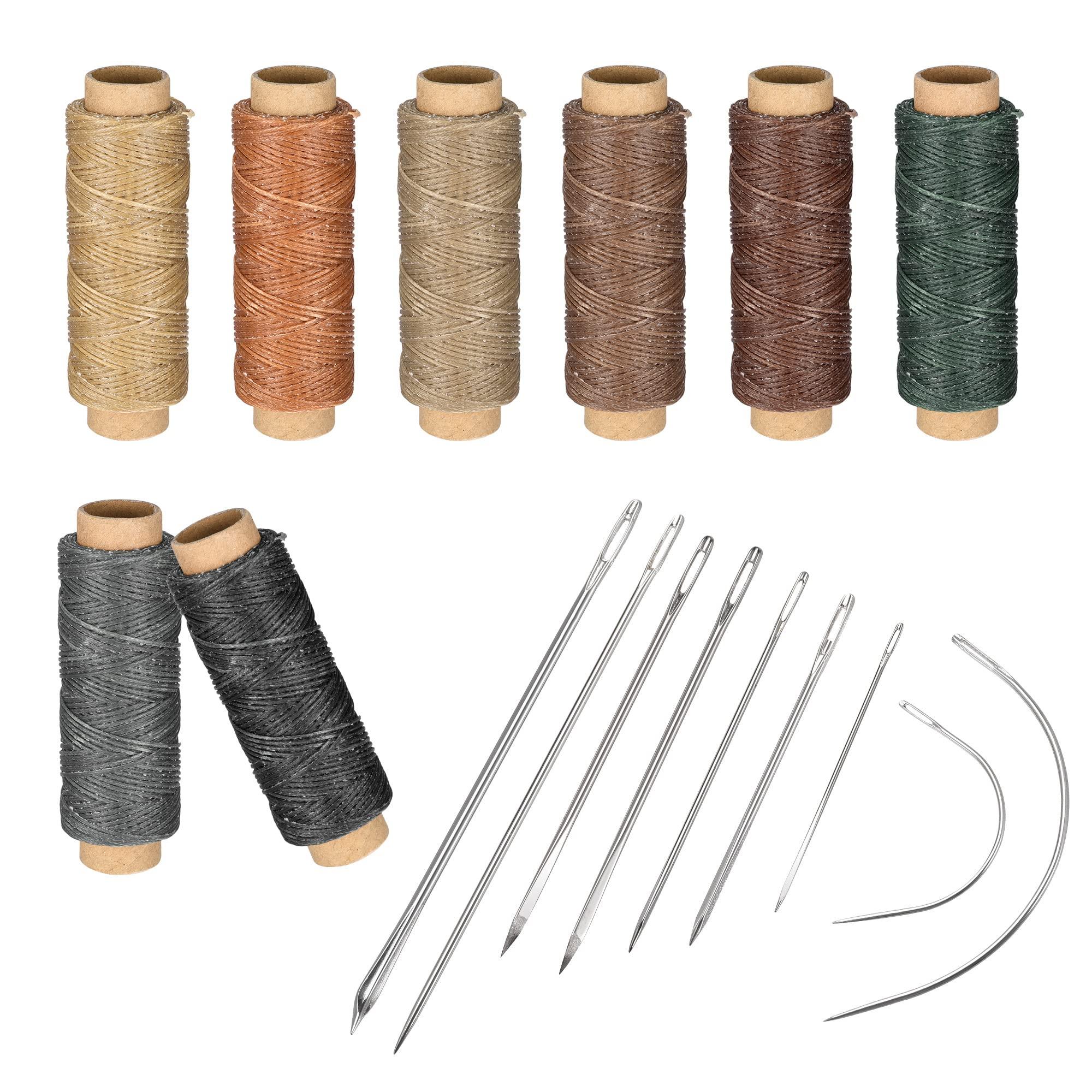 sourcing map Leather Sewing Threads Hand Stitching Tools Kit, Includes 8 Colors Waxed Flat Cord, Sewing Needles, Stitching Awls, Thimble 2