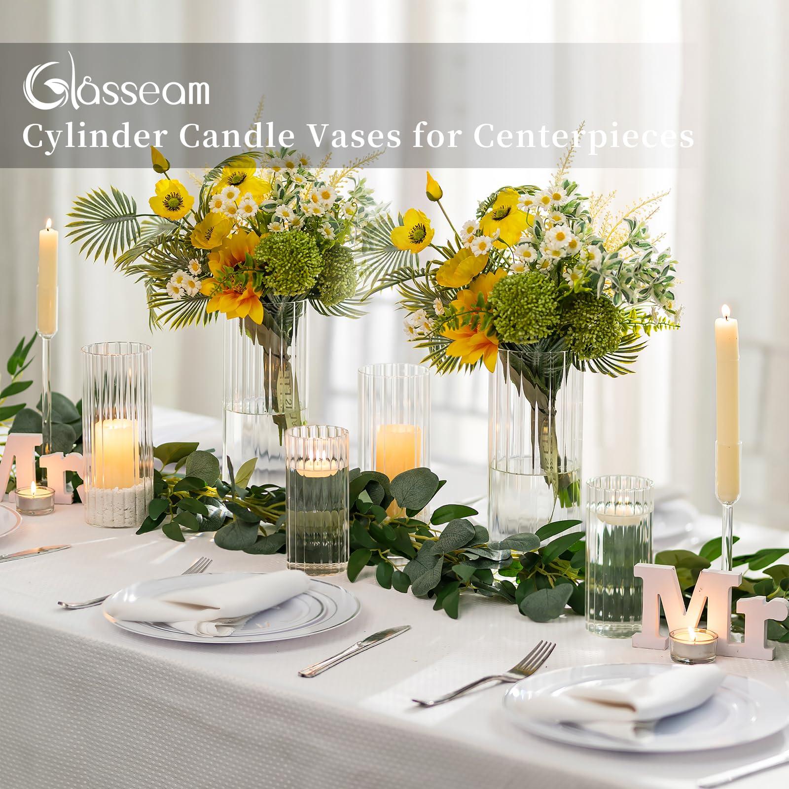 Glasseam Hurricane Candle Holder Glass Cylinder Clear Pillar Candle Holder Set of 12 Floating Candle Holders for Pillar Candles Flower Vases for Table Decoration Dinner Wedding Centrepiece 1