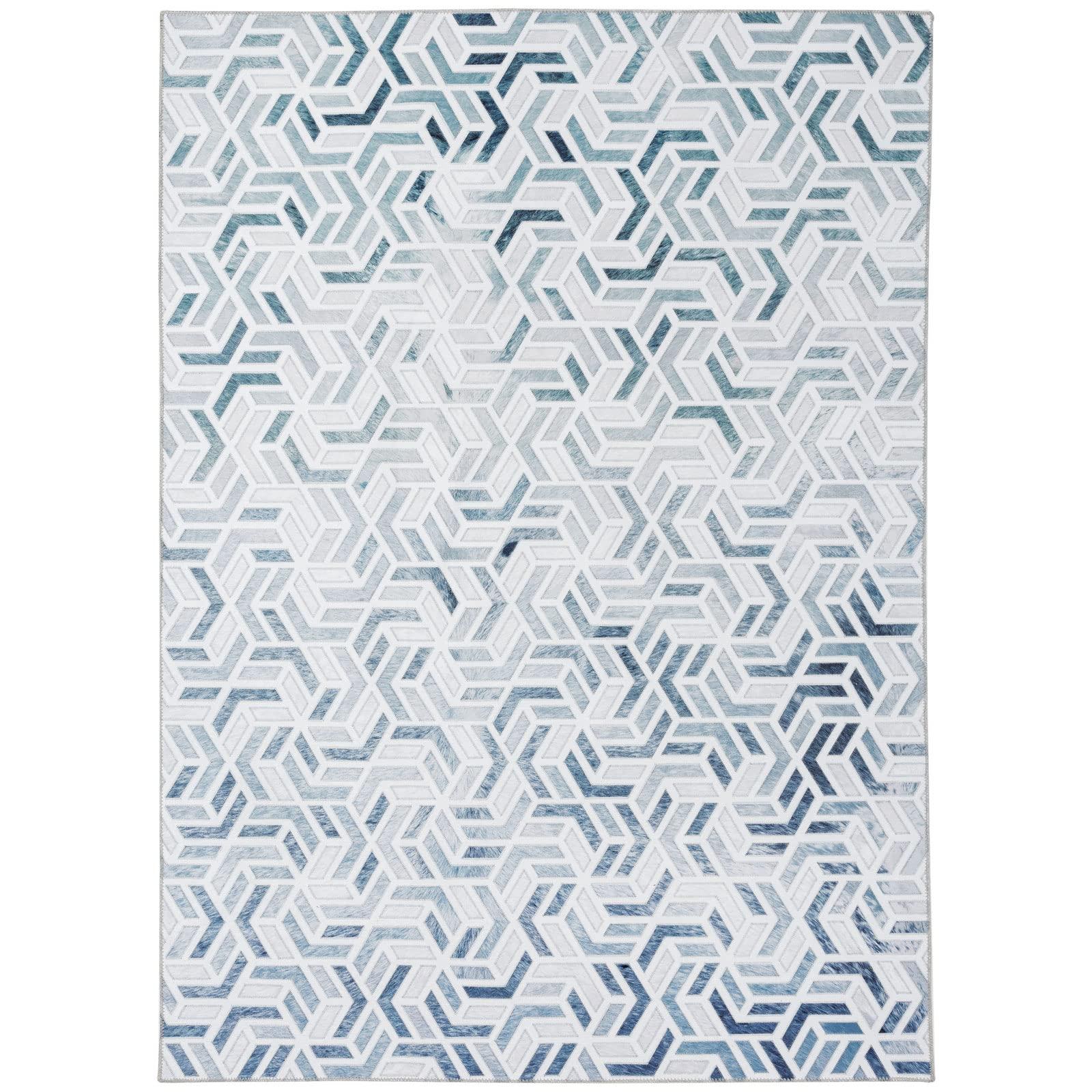 Taleta CORONADO Washable Rugs for Living Room Modern Area Rug Blue Non Slip Geometric Rug Large Rug for Bedroom Machine Washable Rug Soft Patchwork Faux Cowhide Carpet for Home (Multi, 120x170 cm) 3