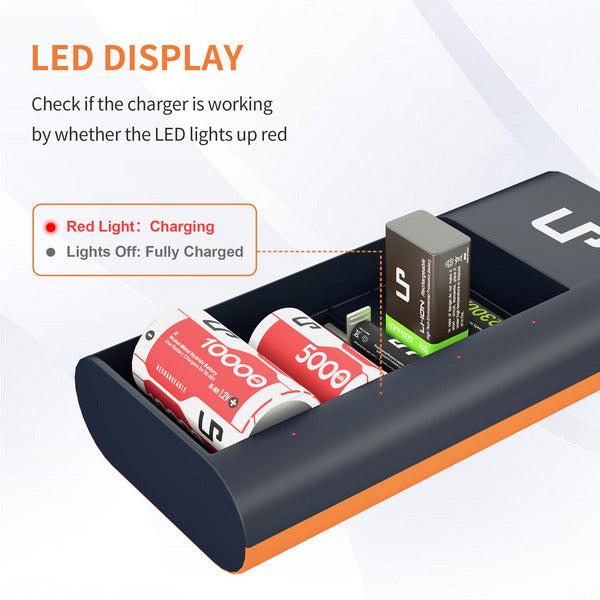 LP Universal Battery Charger LED Display for Rechargeable Batteries NI-MH NI-CD AA AAA C D 9V Li-ion, Smart Battery Charger with AC Adapter Fast Charging for 1.2V NI-MH NI-CD Batteries 3
