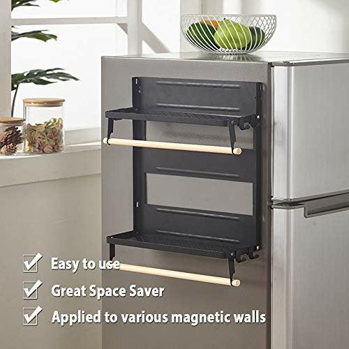 Magnetic Fridge Organizer, Magnetic Spice Rack with Paper Towel Holder and 5 Mobile Hooks, 4-Tier Magnetic Refrigerator Shelf in Kitchen Holds up to 45 LBS, 16x12x4 Inch Black 4