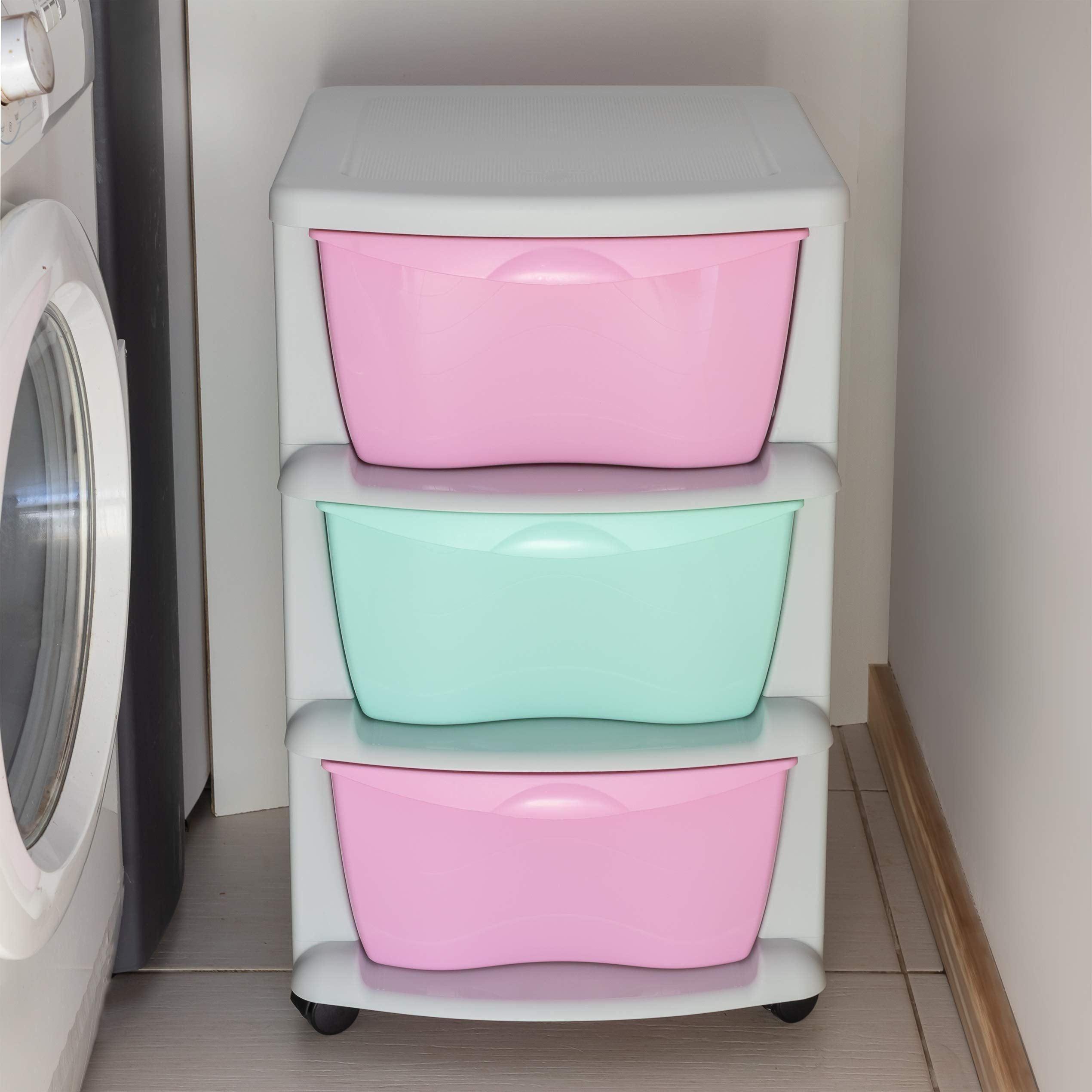 Maxi Nature Plastic Storage Drawers on Wheels - Sturdy Frame, Durable, Heavy Duty Organiser - 3 Tier Large Storage Unit for Kids Bedroom, Bathroom, Office - Made in Europe - Pink/Blue 3