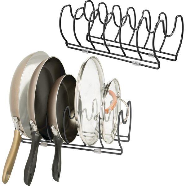 mDesign Set of 2 Pot Lid and Pan Racks - Metal Wire Rack for Cookware Storage - Freestanding Pan Stand for Pans, Pots, Lids and Crockery - Black