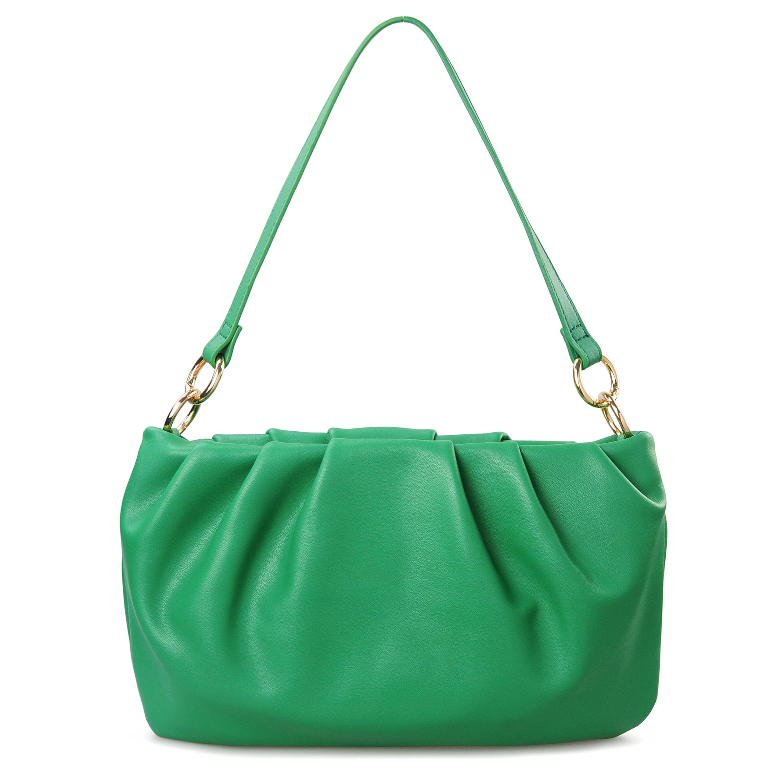 Women Ruched Shoulder Handbag Cloud Pouch Hobo Bag Convertible Clutch Soft Vegan Leather Cross body Bag, Green