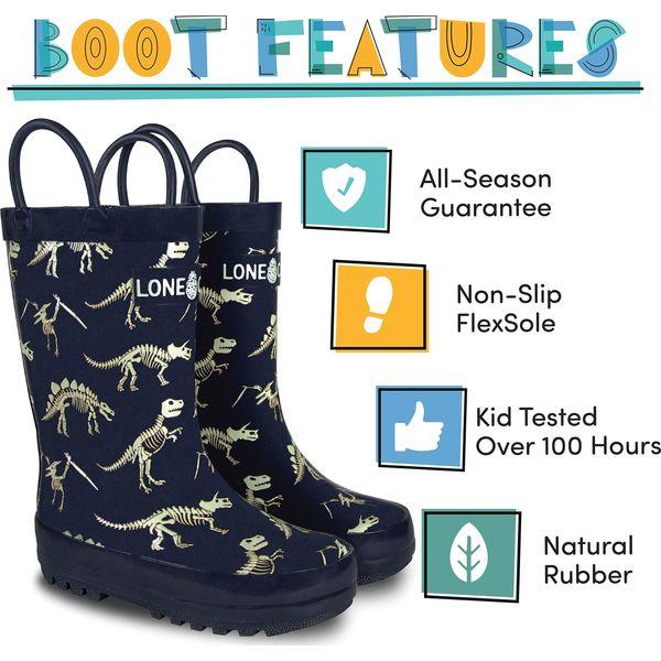 Lone Cone Rain Boots with Easy-On Handles in Fun Patterns for Toddlers and Kids, No Bones About It, 1 Little Kid 1
