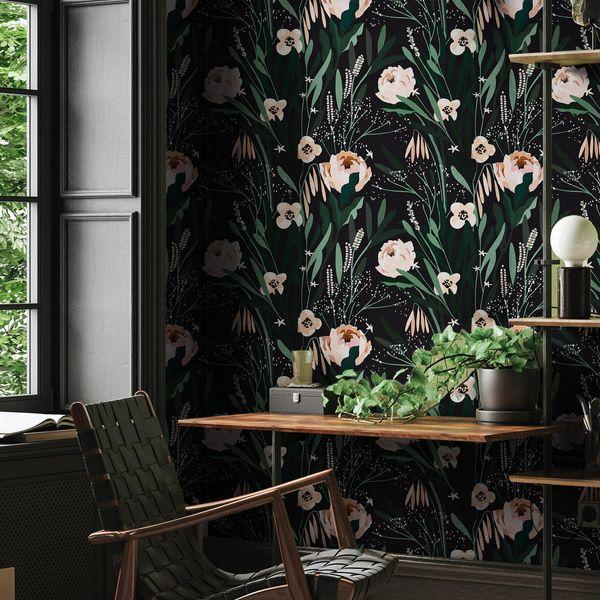 VaryPaper Floral Pink Wallpaper Green Leaf Contact Paper Black Vinyl Self Adhesive Botanical Wall Art Deco Flower Wall Paper for Living Room Bedroom Furniture Vinyl Wrap for Kitchen Cupboards 45cm×3m 2