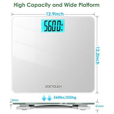 ZOETOUCH Max Capacity 560lbs Digital Bathroom Weighing Scales Body Weight with Extra Large Platform, 4.2inch Blue Backlit Display(Stone/kg/lb), Step-On for Instant Weight Reading & Comparison, Silver 4