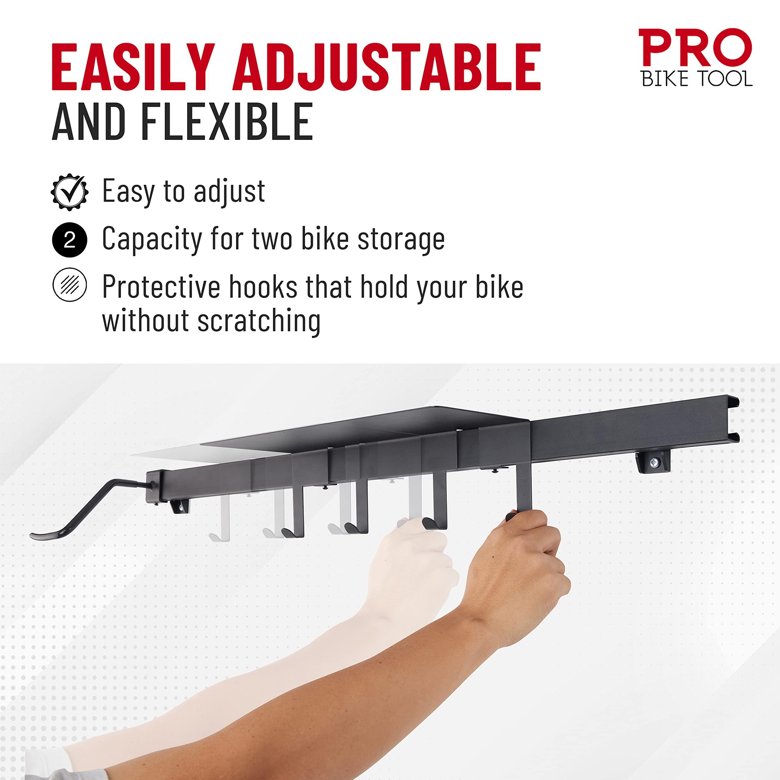 PRO BIKE TOOL Indoor Bike Rack and Shelf - Indoor Sliding Wall Mount for 2 Bicycle with Accessories Shelf for Home or Garage - Heavy Duty Hook and Shelving System - Vertical Hanger for Road or MTB 1