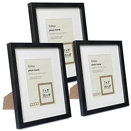 Q.Hou 10x8 Inch Black Picture Photo Frame with Mat, Mount for 7x5 or 10x8 Picture without Mat, 3 Packs, Real Glass Front for Tabletop or Mount(005UK-QH-PF8X10-BK)