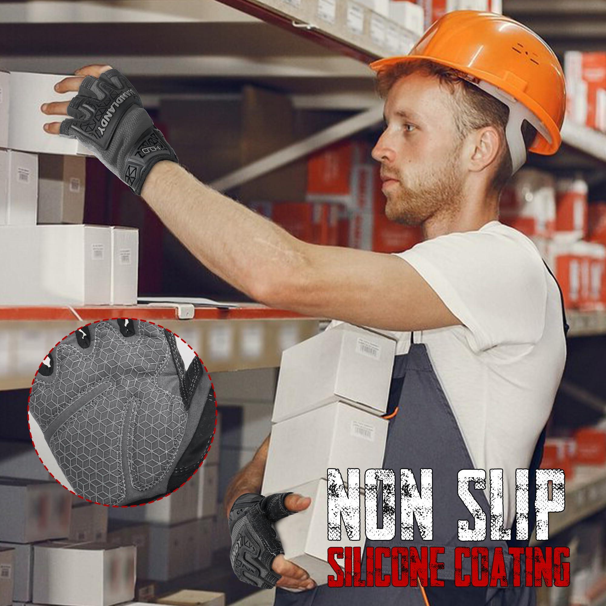 AIGEVTURE Fingerless Work Gloves Impack Reducing Palm Padded Working Gloves Half Finger Mechanic Gloves with Grip Safety Impact Gloves,TPR Protector Grey Large 3