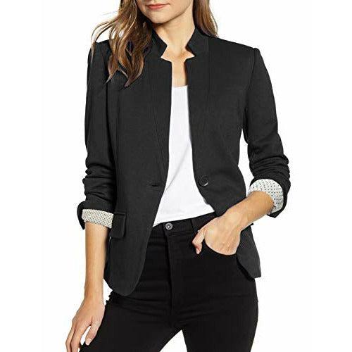 Roskiky Women's Stand Collar Work Blazer Suit Open Front One Button Casual Jacket Outerwear Black Size L 0