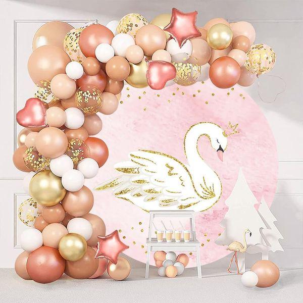 Renaiss 5x5ft Golden Glitter White Swan Round Backdrop Gold Dots Pink Round Backdrop Stand Cover Baby Shower Kids Girls Birthday Party Decoration Polyester Fabric Photography Props 1