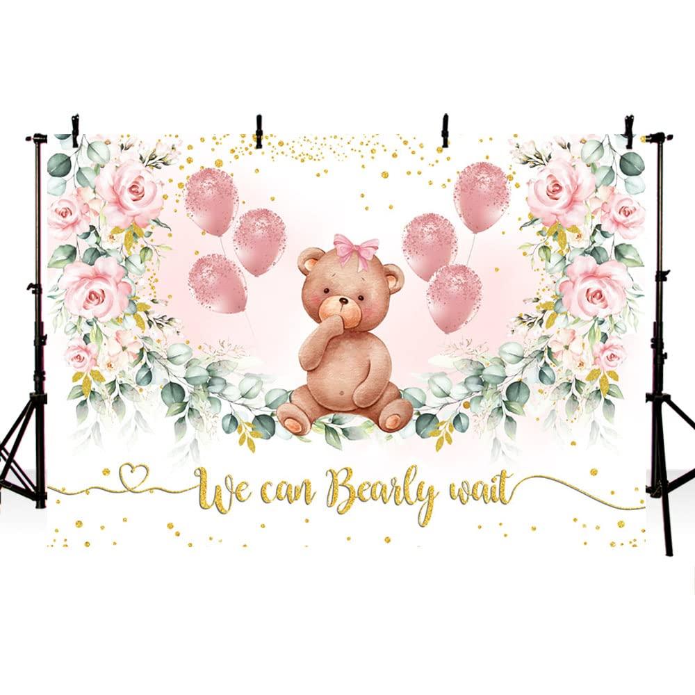 MEHOFOND 7x5ft Green And Gold Eucalyptus Leaves Bear Baby Shower Backdrop for Pink Flower Balloons We Can Bearly Wait Photography Background Party Cake Smash Decoration