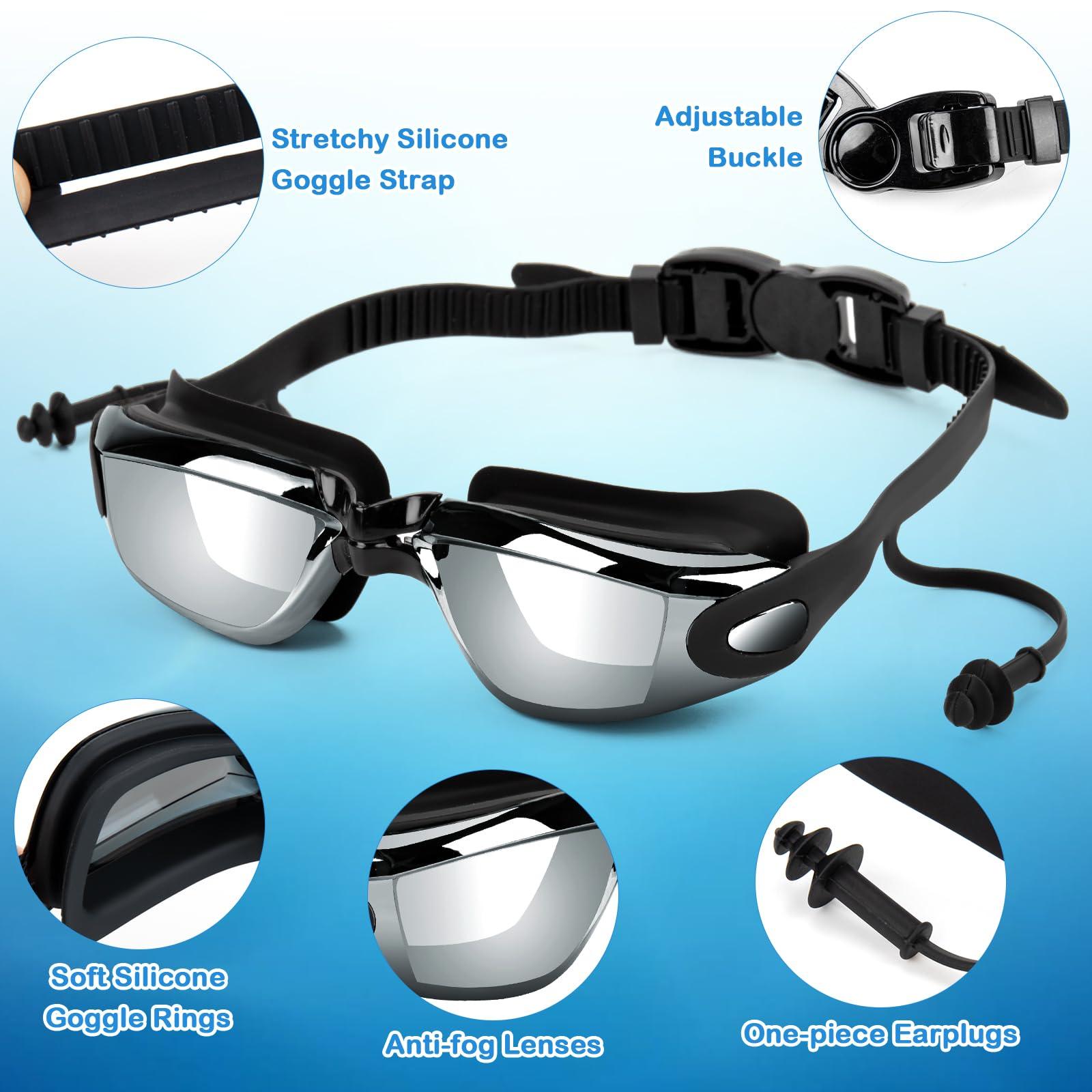 Taope Swimming Goggles, Swim Goggles attached Ear Plugs for Adult Unisex Men Women - No Leaking, Anti Fog, UV Protection，Dark Lens - Free Storage Case, Nose Clip and Earplugs - Black 2