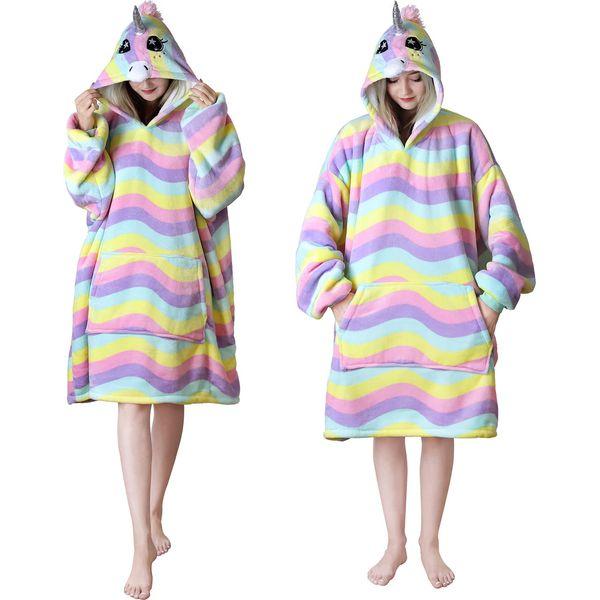 Queenshin Rainbow Unicorn Wearable Blanket Hoodie,Oversized Sherpa Comfy Sweatshirt for Adults Women Girls,Warm Cozy Kawaii Animal Hooded Body Blanket 1