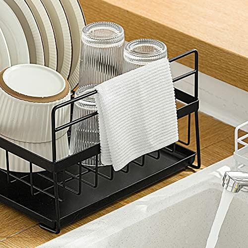 SUNFICON Dish Drainer Kitchen Countertop Dishes Drying Rack Dish Drying Organiser Holder With Drip Tray Draining Board Cutlery Utensil Holder RV Studio Small Flat 48×29.5×19 cm Black 4