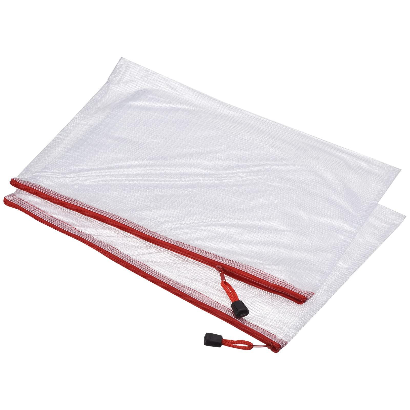 sourcing map Mesh Zipper Bags, A3 Size Plastic Zip File Pouch Document Folders for Home Office Travel, Red Pack of 3 0