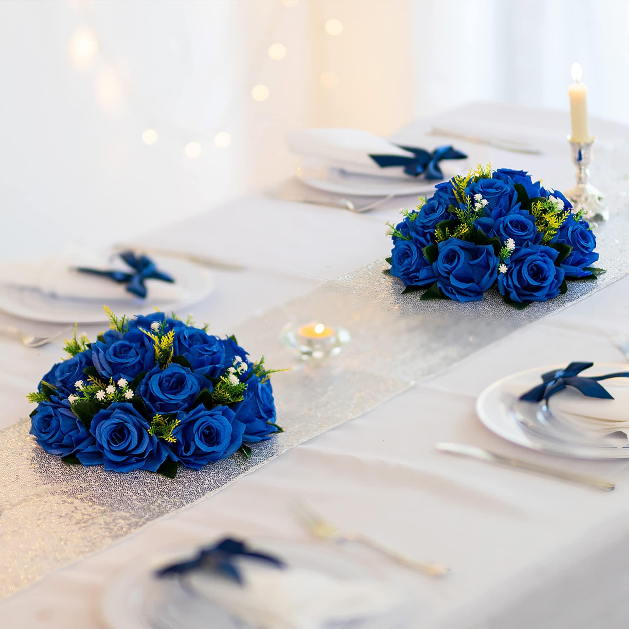 BLOSMON Flower Centerpieces for Tables Wedding 10 Pcs Fake Flowers Rose Arrangement Bouquet Floral Centerpiece Balls Royal Blue Artificial Wedding Center Pieces of Valentines Day Home Party Decor 1