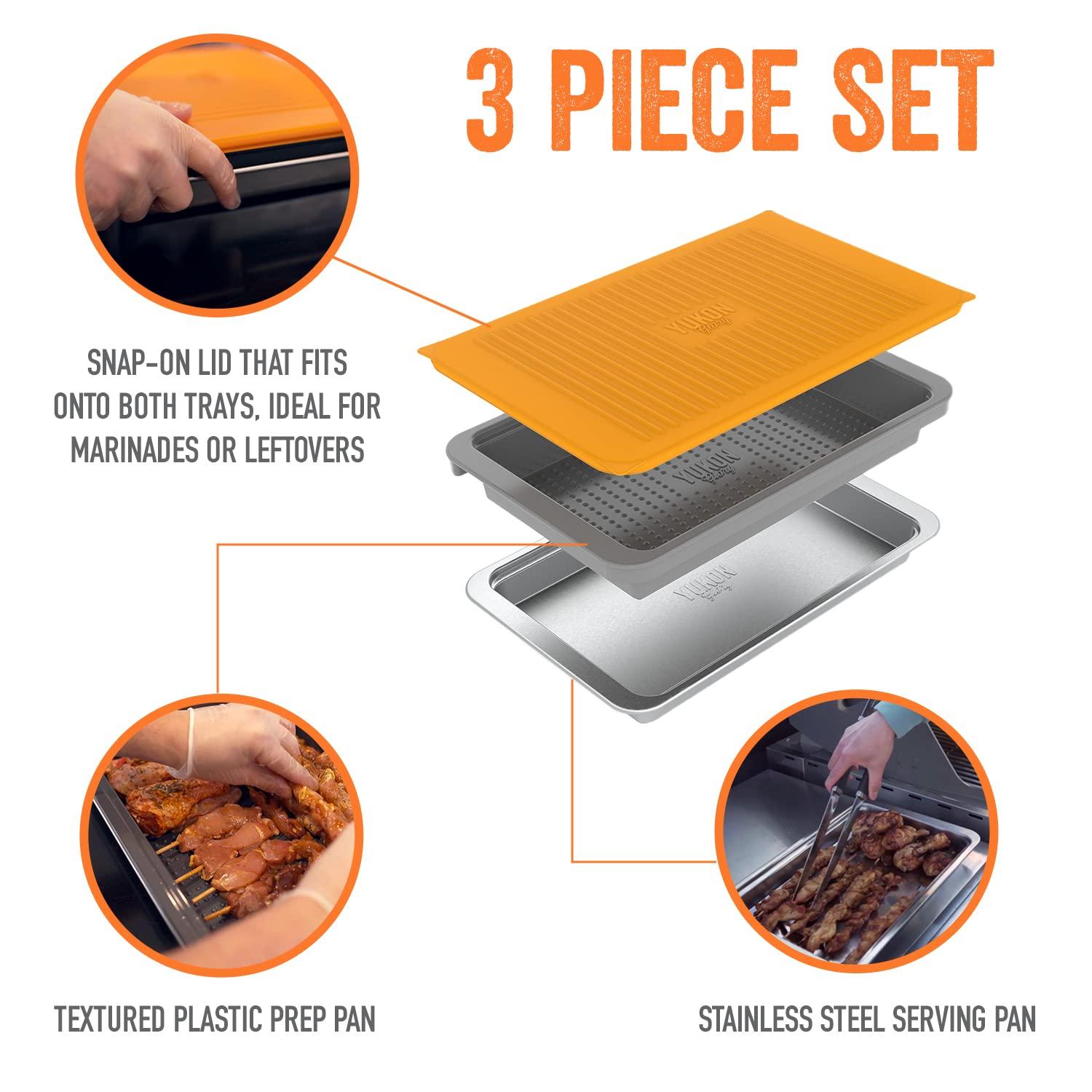 Yukon Glory Food Prep BBQ Tray - The Grill Prep Trays Include Plastic Marinade Container for Marinating Meat & Stainless Steel Serving Platter for All Your Grilled Barbecue - BBQ Prep 'N Serve Set 1