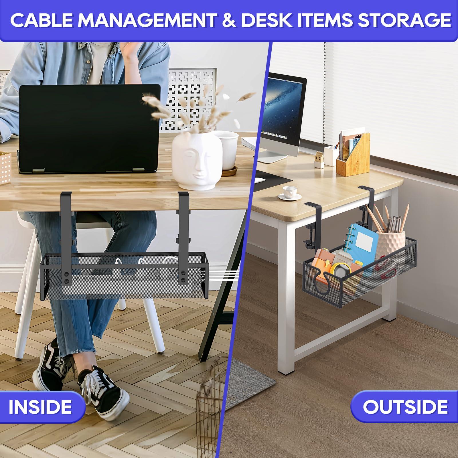 DECOHOME Under Desk Cable Management Tray, No-Drill Mesh Table Cable Basket for Managing Cables and Power Strips, No Screws Tidy Box Wire Organiser for Home, Office, Internet Cafe (Black, 1 Pack) 4