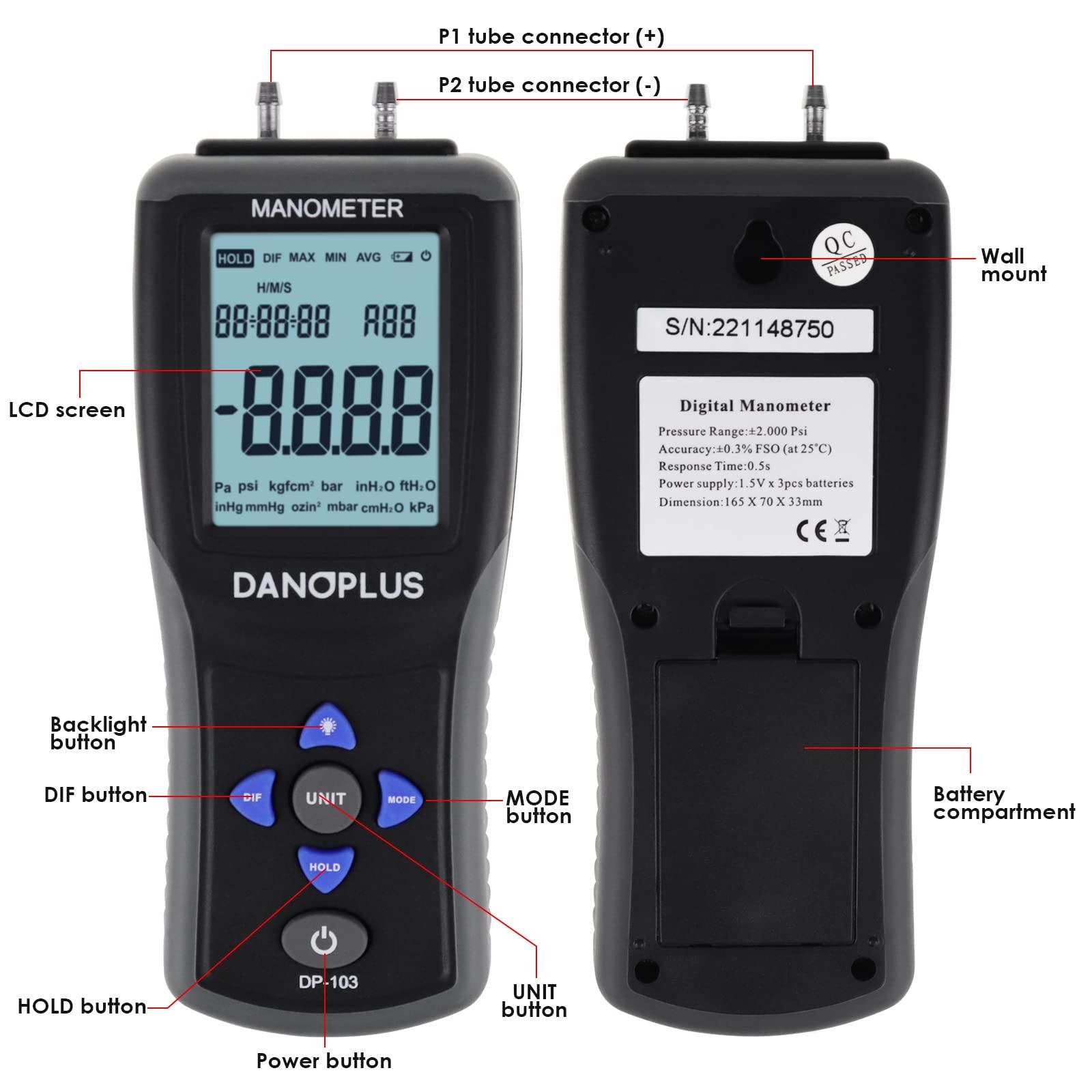 DANOPLUS DP-103 Manometer Digital Gas Pressure Tester Differential Pressure Gauge HVAC Air Pressure Meter with Backlight Data Record Function,Black 3
