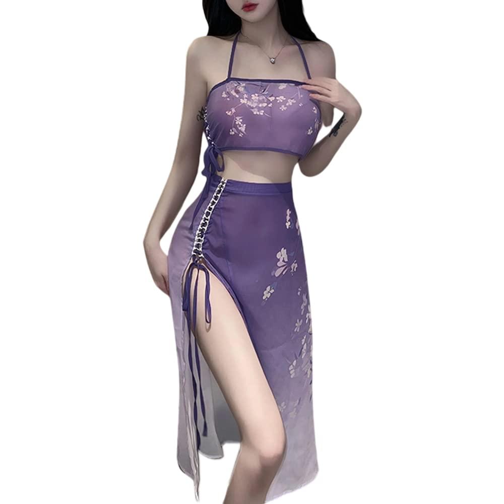 SINROYEE Sexy Anime Cosplay Costume Cheongsam High Split Dress Chinese Hanfu Pajamas For womens (Purple)