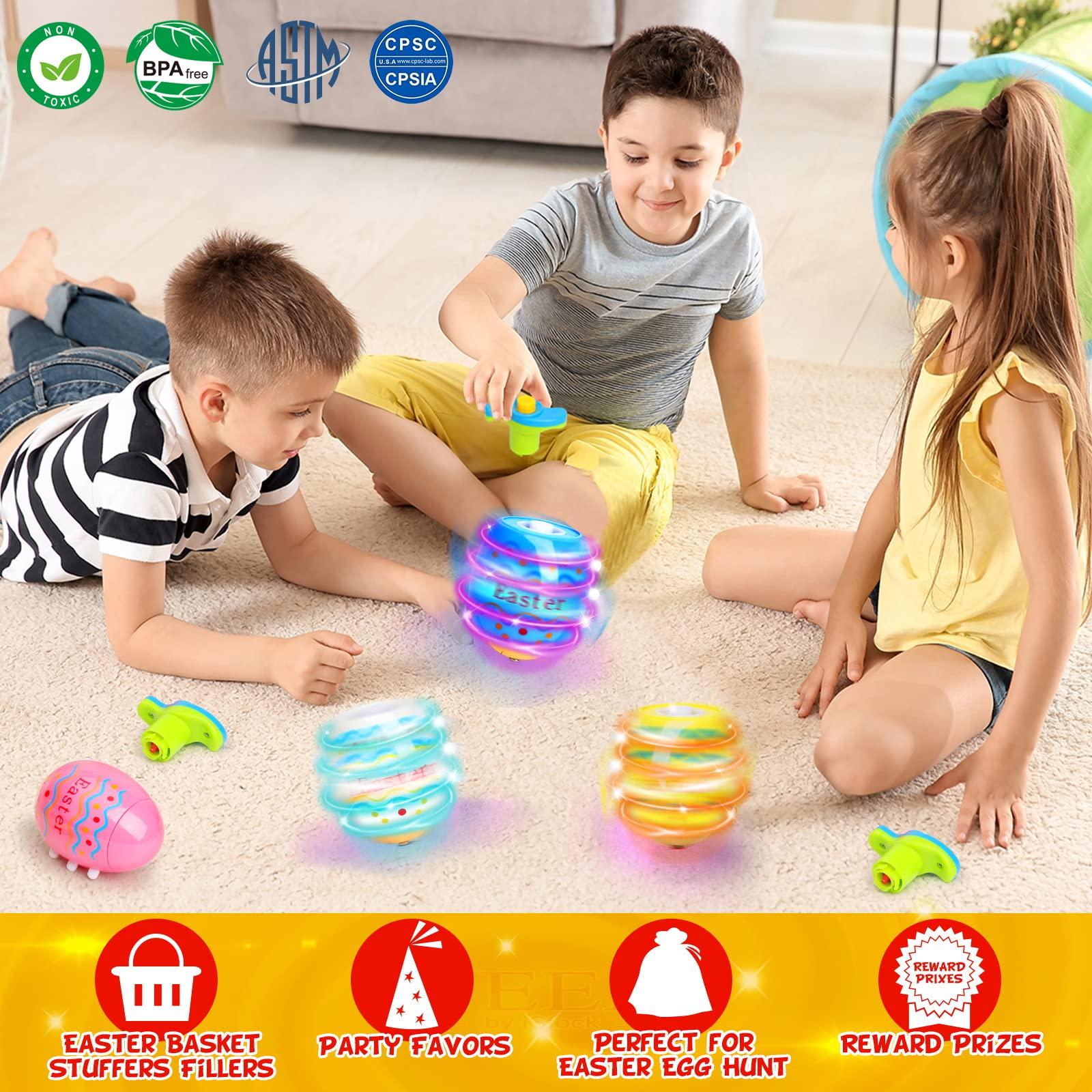 Easter Eggs Light Up Spinning Tops Toys, 6 PCS Gyroscope Flashing with LED Lights and Music UFO Magic Fidget Ball Novelty Bulk Toys, Easter Egg Hunt Kit Fillers, Easter Gifts for Kids Girls Boys 1