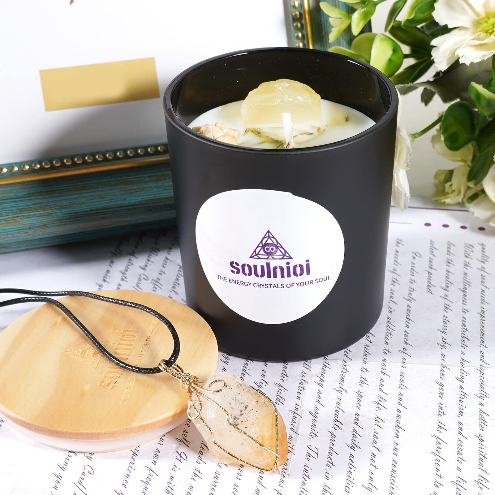 Soulnioi Scented Candle Set Black Cup Soy Wax Aromatherapy Candle with Crystal and Dry Flower Gardenia Fragrance and Citrine Crystal Pendant Necklace of Stress Realxtion for Wedding Birthday Gift 4